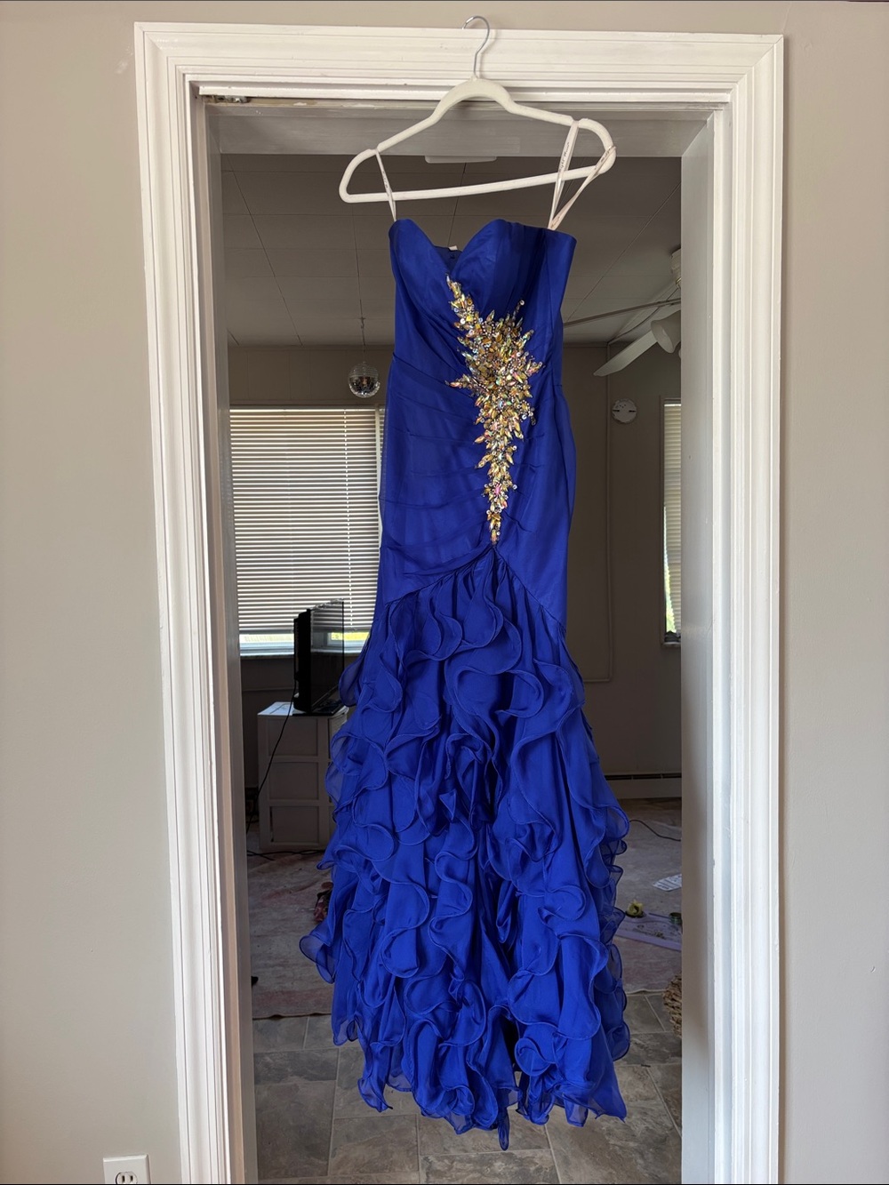 Royal Blue Strapless Ruffled Evening Gown with Gold Embellishment